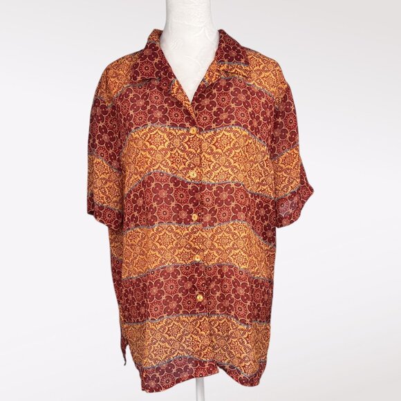 Vintage Impressions Floral Shirt Red Orange Button Down Large - Picture 1 of 8